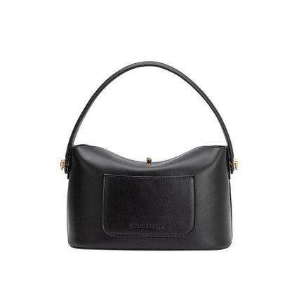 Black handbag with a visible brand logo on a white background