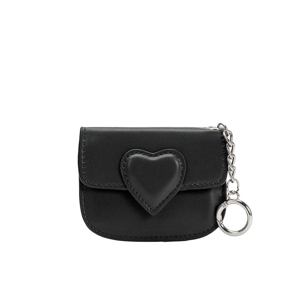 Black pouch with heart-shaped design and chain on a white background