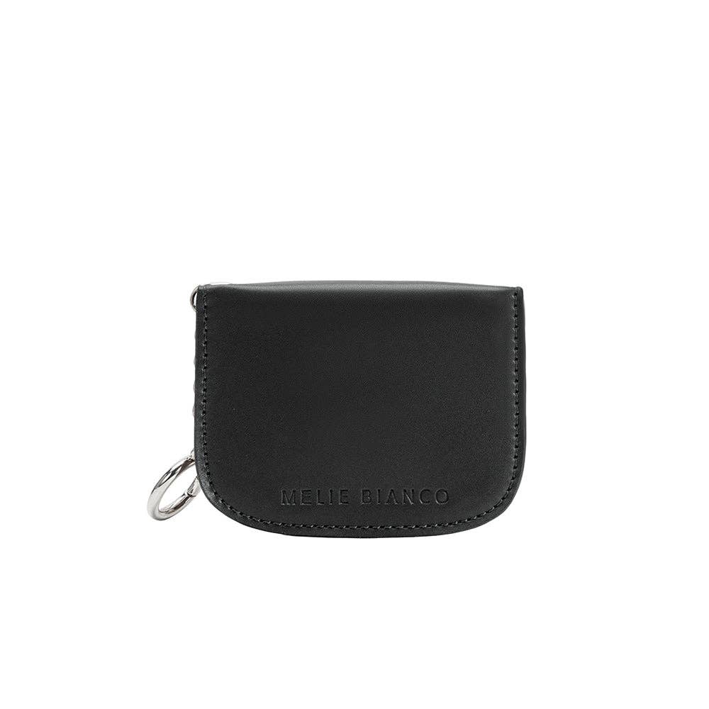 Black leather coin purse with 'Mellie Bianco' branding on a white background