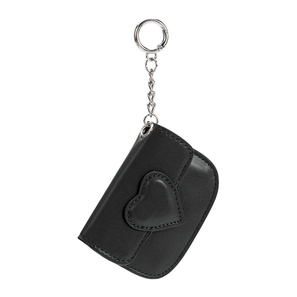 Black keychain pouch with heart-shaped pocket on a white background