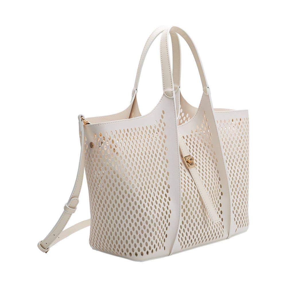 Malia Ivory Laser Cut Vegan Leather Tote Bag Pre-Order 3/30 - Uniquely Claudia Boutique
