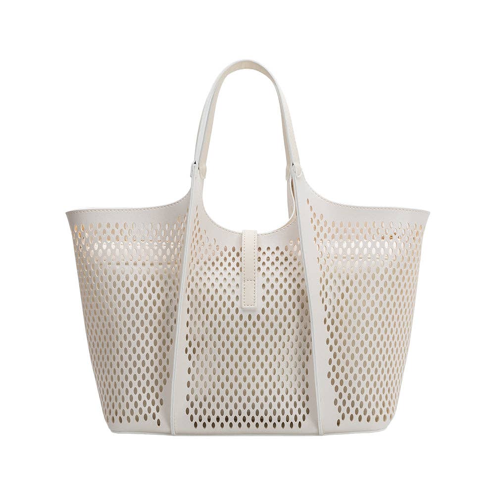 Malia Ivory Laser Cut Vegan Leather Tote Bag Pre-Order 3/30 - Uniquely Claudia Boutique