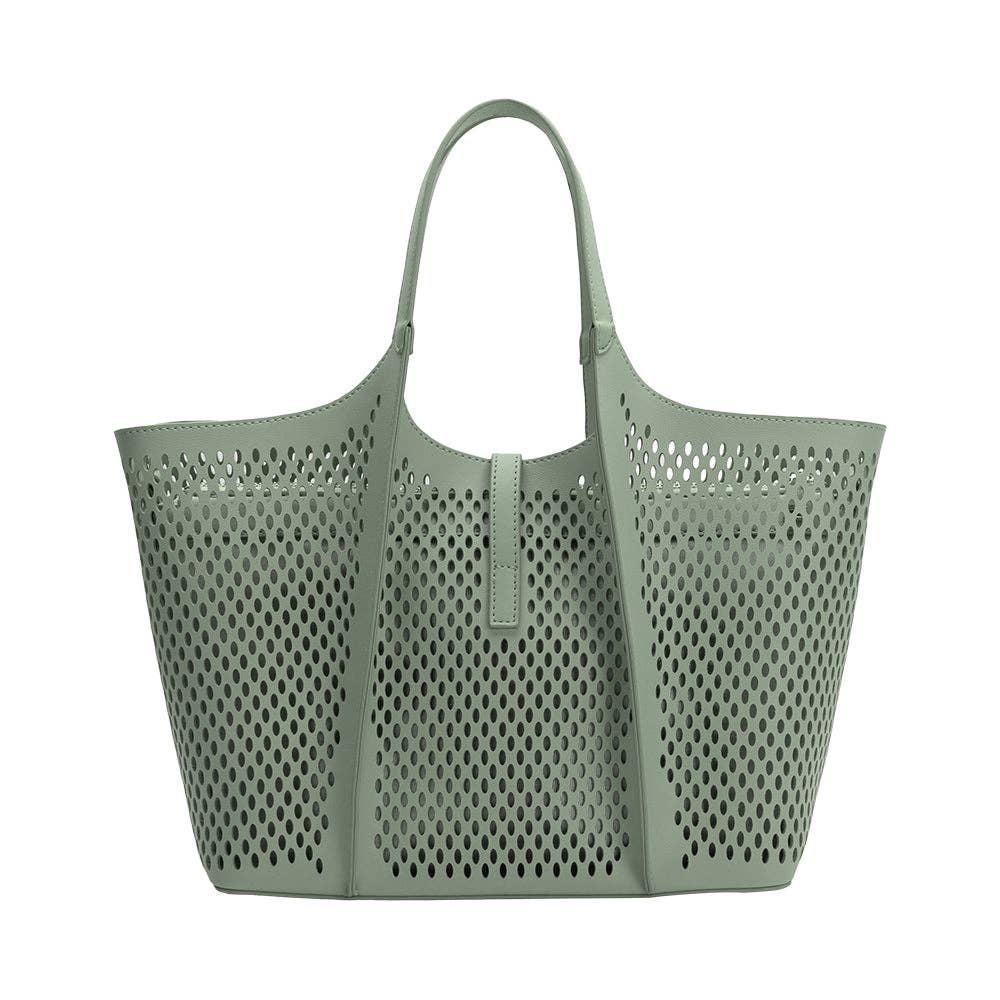 Perforated green handbag on a white background