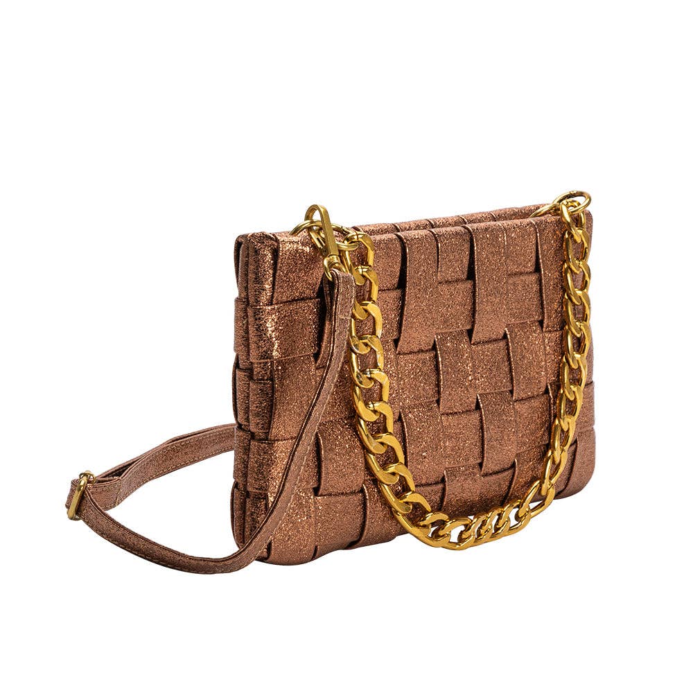 Brown woven handbag with a gold chain strap on a white background