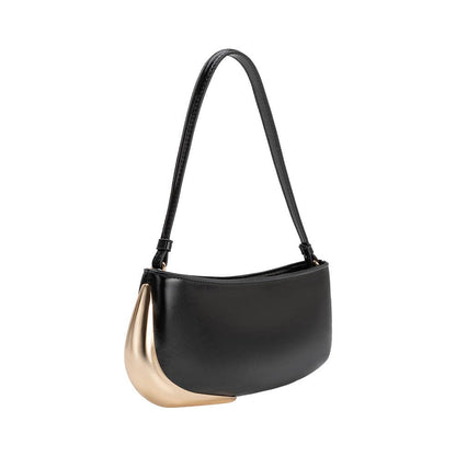 Black handbag with gold accent on a white background