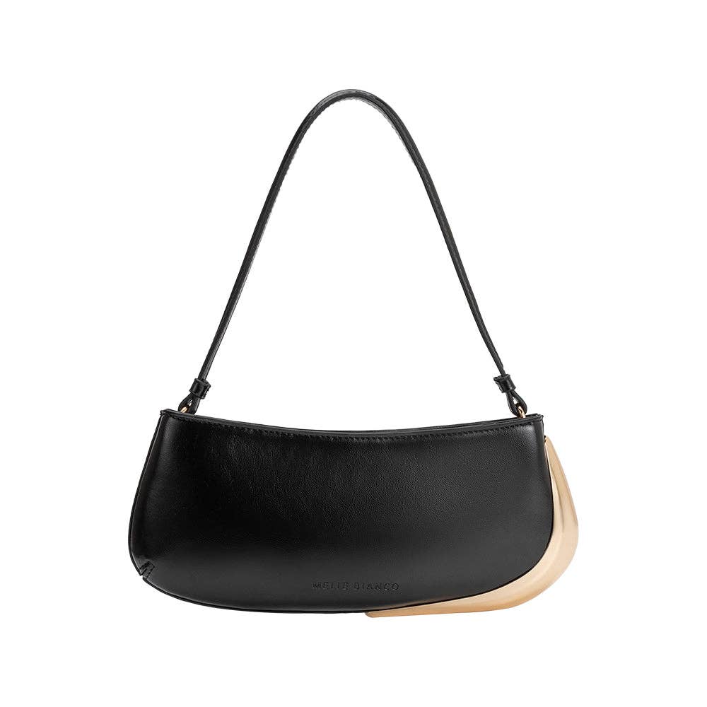 Black handbag with beige accent on a white background