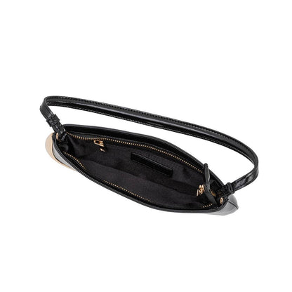 Black handbag with a strap on a white background