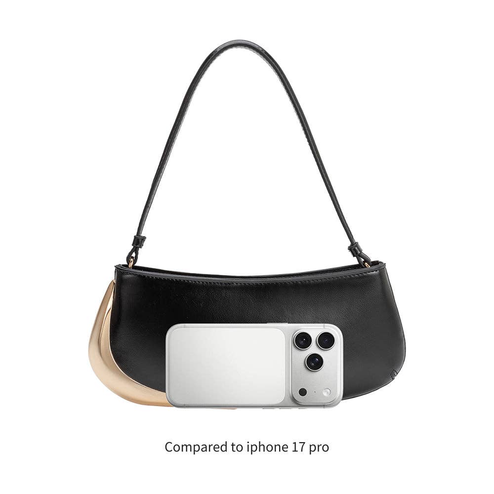 Black handbag with a phone inside, compared to an iPhone 17 Pro on a white background