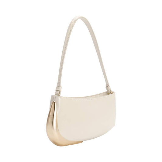 Ivory handbag with gold accents on a white background