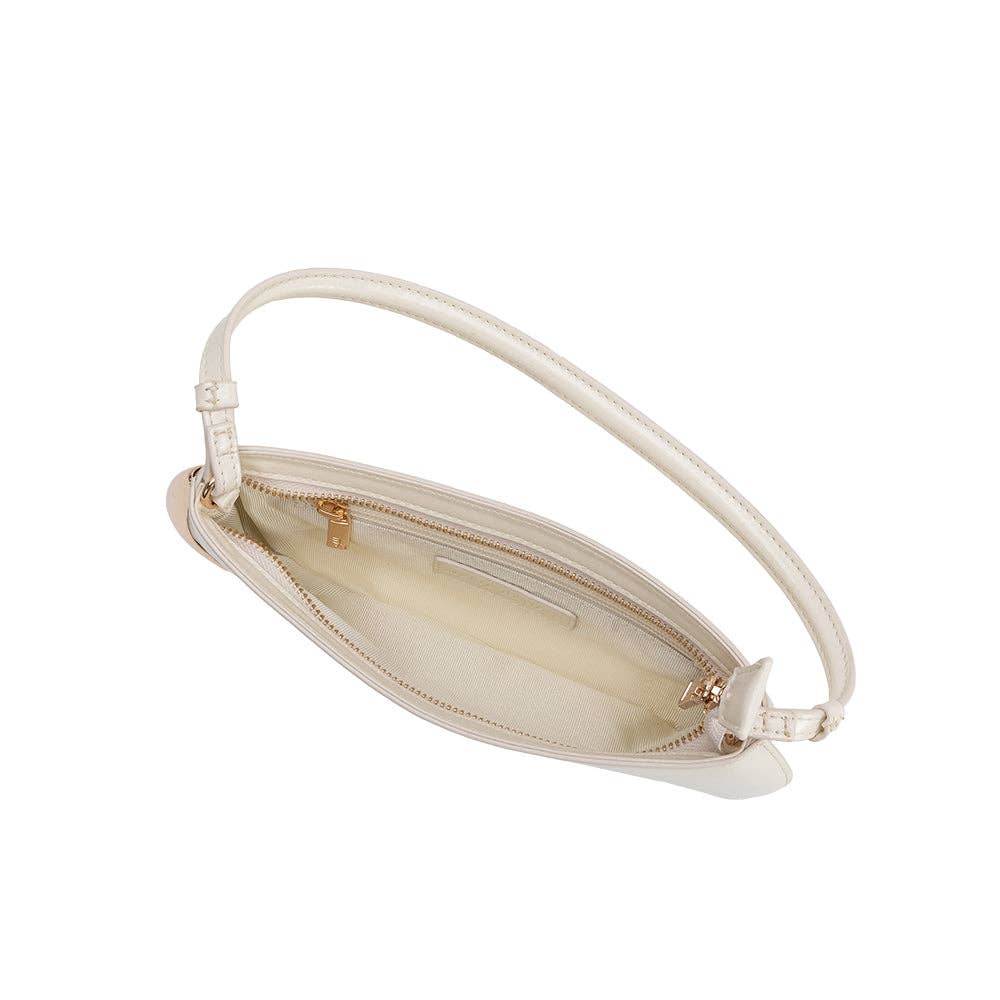 Close-up of a Ivory handbag with a strap on a white background