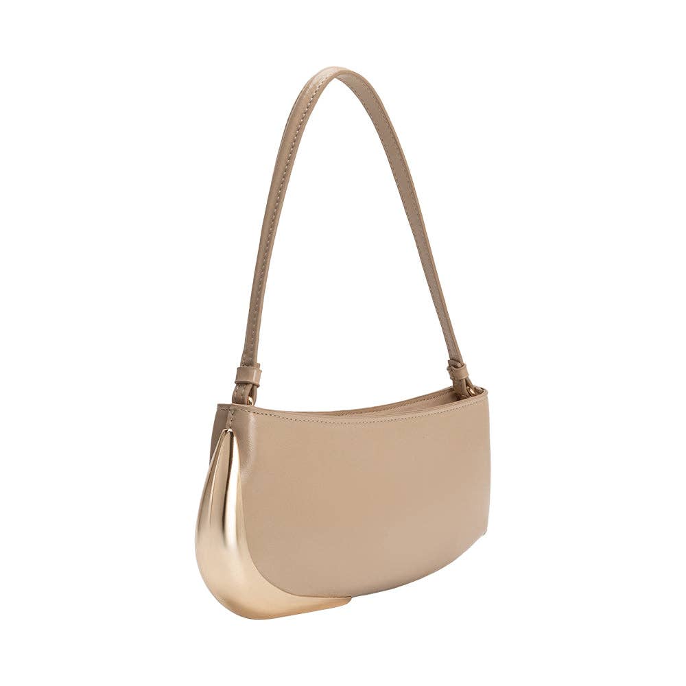 Nude handbag with a gold bottom on a white background