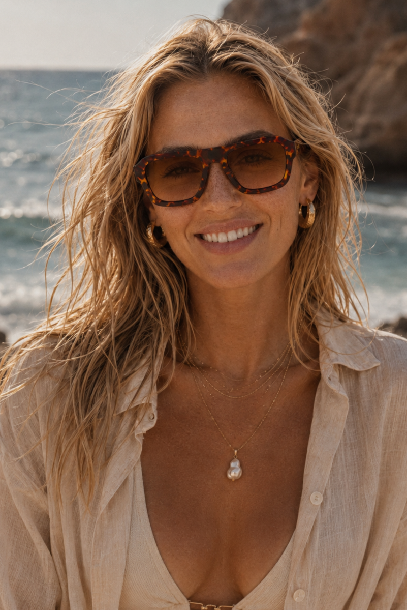 A woman with blonde hair wearing tortoiseshell sunglasses and a beige button-up shirt, photographed outdoors near the ocean with rocks in the background.