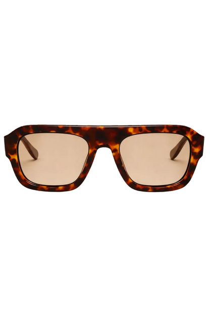 Tortoiseshell sunglasses with beige lenses on a white background