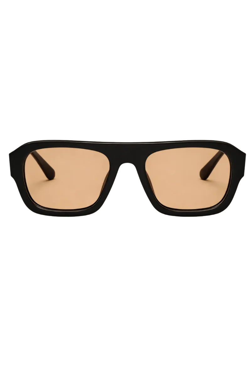 Black square sunglasses with warm brown-tinted lenses, shown from the front on a white background.