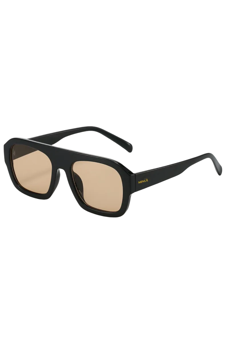 Black sunglasses with gold lenses on a white background