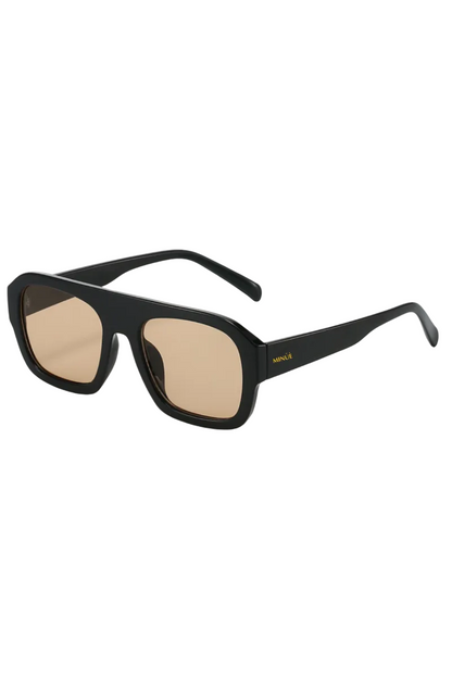 Black sunglasses with gold lenses on a white background
