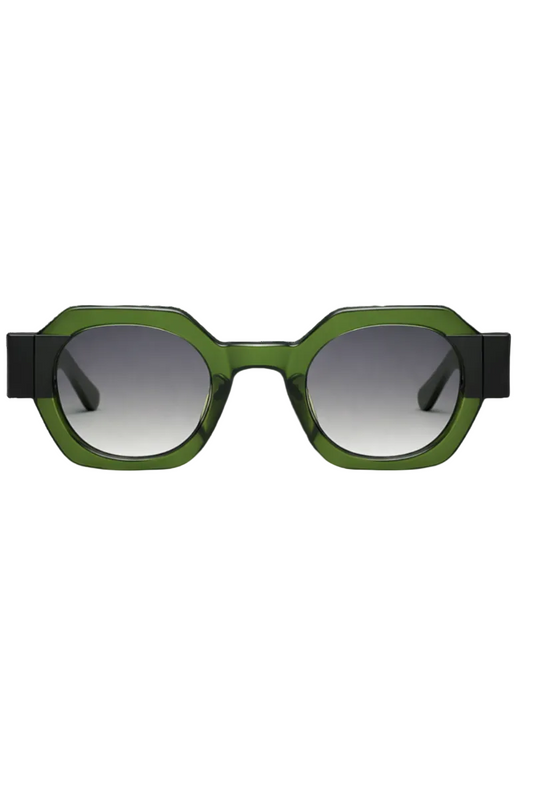 Green sunglasses with black accents on a white background