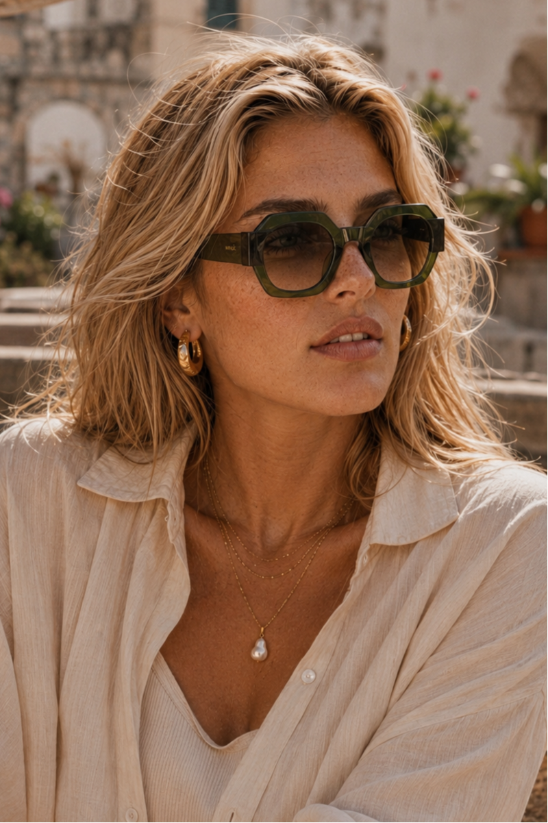 Woman wearing sunglasses with a scenic background