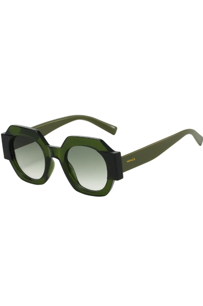 Green sunglasses with black accents on a white background