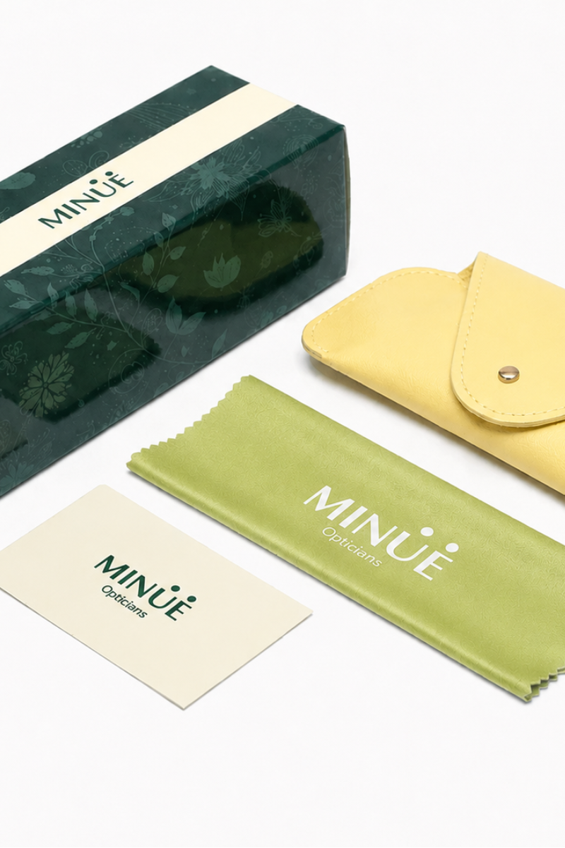 Sunglasses with packaging, cleaning cloth, and card on a white background