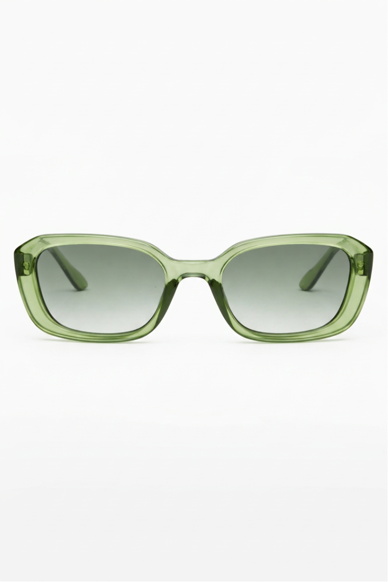 Oversized square sunglasses with translucent light green frames and gradient gray-green lenses, shown against a plain white background.