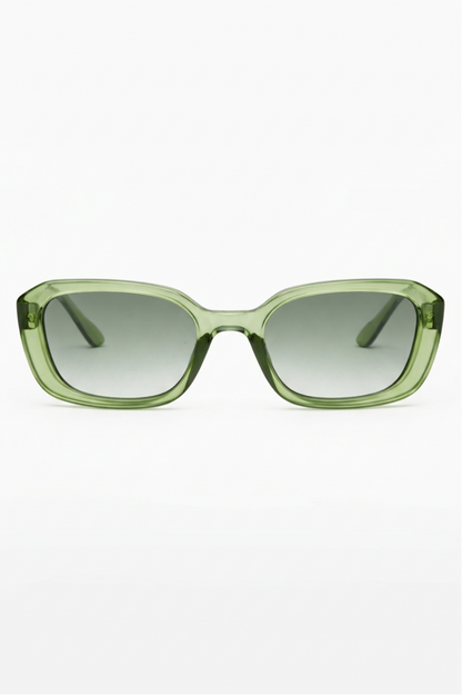 Oversized square sunglasses with translucent light green frames and gradient gray-green lenses, shown against a plain white background.
