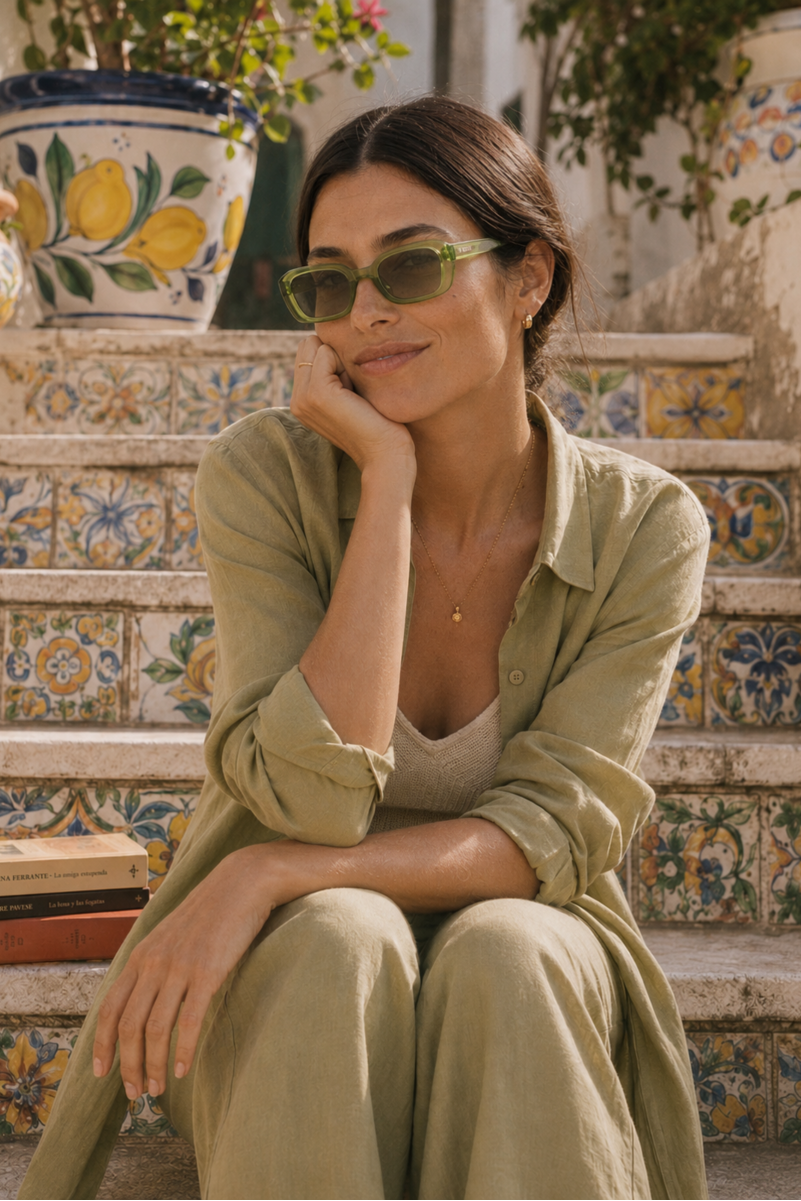 A woman sits on decorative tiled outdoor steps wearing olive green sunglasses with a matching olive green shirt and trousers. The background features colorful Mediterranean-style ceramic tiles and potted plants.