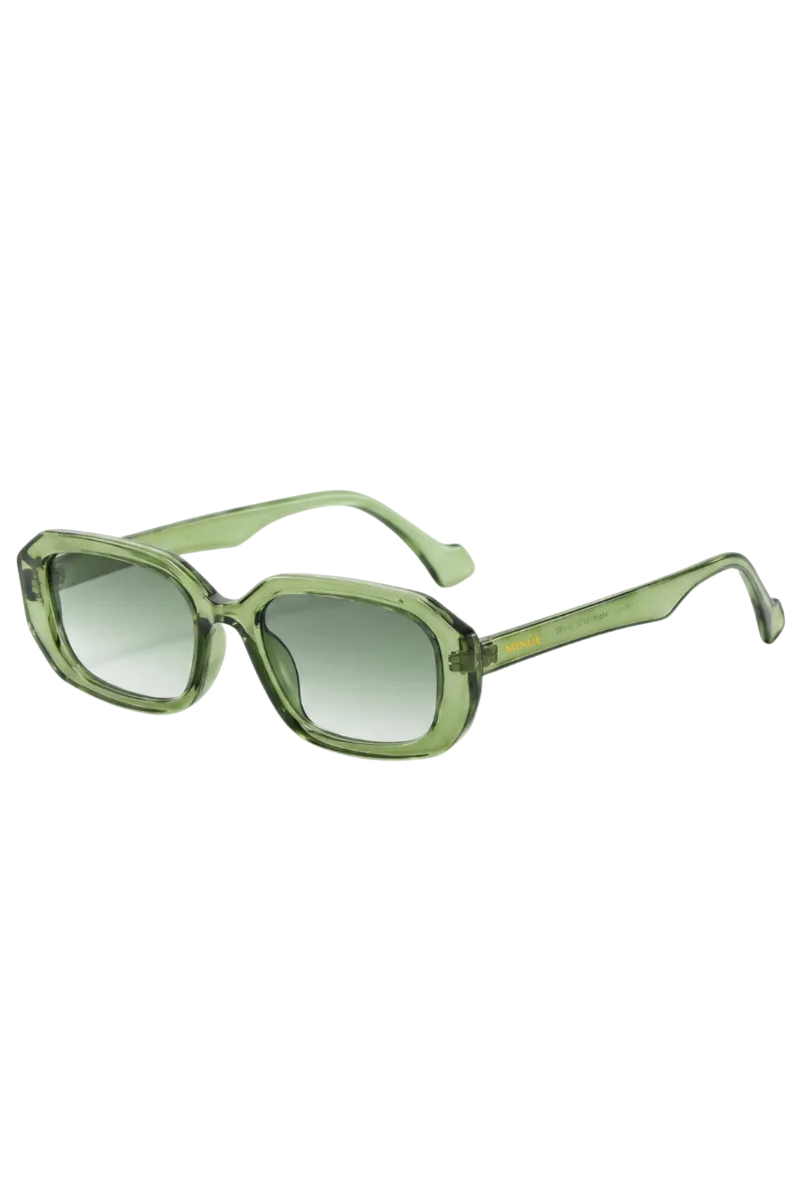 Oversized square sunglasses with a translucent olive green frame and gradient gray-green lenses, shown on a plain white background.