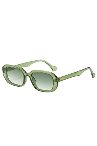 Oversized square sunglasses with a translucent olive green frame and gradient gray-green lenses, shown on a plain white background.