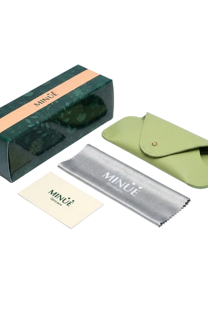 Eyewear accessories including a case, cleaning cloth, and box with 'MINUE' branding on a white background.