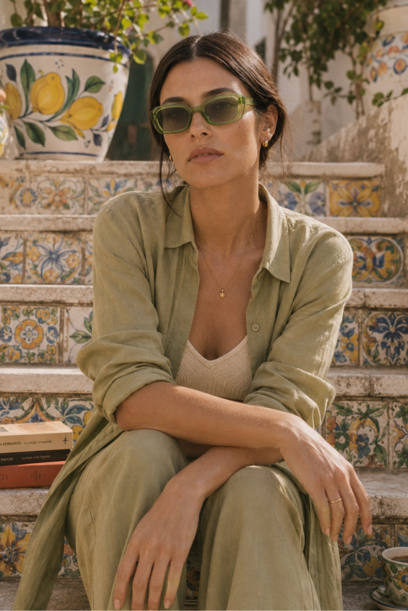 A woman sits on tiled outdoor steps wearing olive green sunglasses, a light olive green overshirt, and matching trousers over a cream tank top. Decorative planters and books are visible in the background.