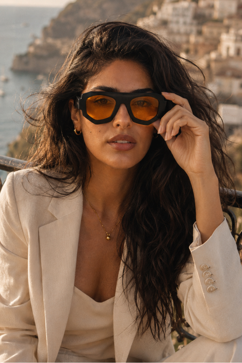 A woman with long dark wavy hair wearing oversized black-framed sunglasses with amber-tinted lenses and a cream blazer, posing outdoors with a coastal town and sea in the background.