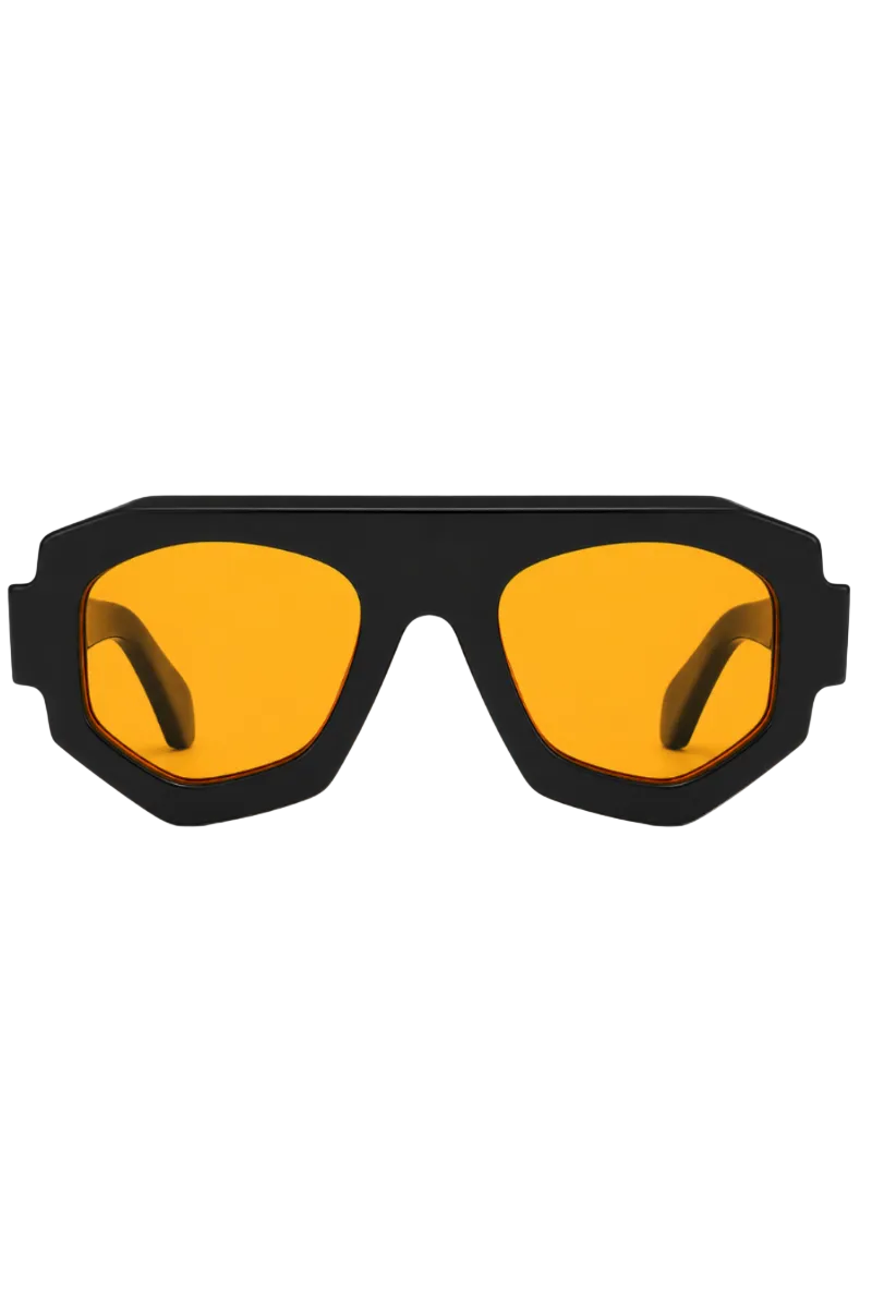 A pair of oversized shield-style sunglasses with a matte black frame and vibrant orange-yellow lenses, shown against a plain white background.