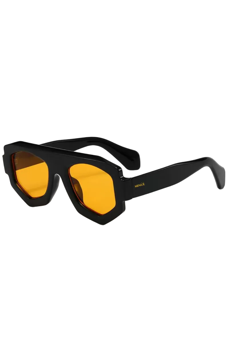 Black sunglasses with yellow lenses on a white background