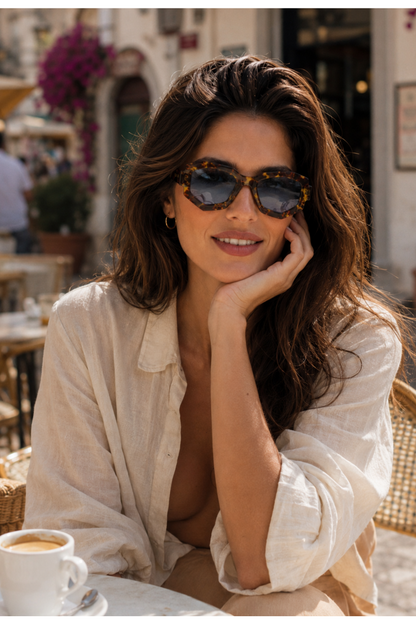 Woman wearing sunglasses and a white shirt sitting at an outdoor cafe.