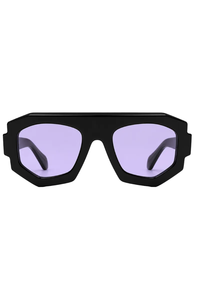 A pair of oversized square sunglasses with a thick matte black frame and light purple tinted lenses, shown against a plain white background.