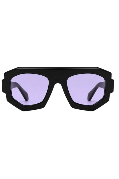 A pair of oversized square sunglasses with a thick matte black frame and light purple tinted lenses, shown against a plain white background.