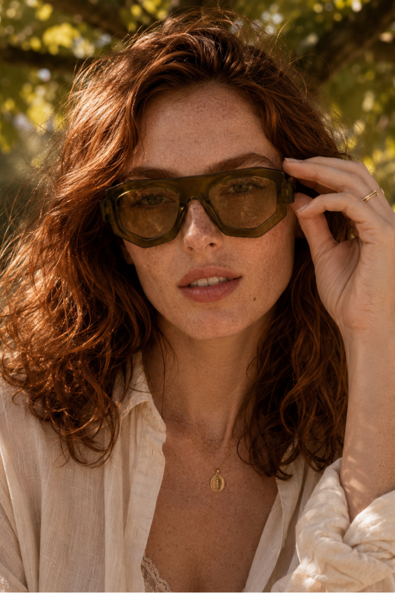 Woman wearing sunglasses with a blurred natural background