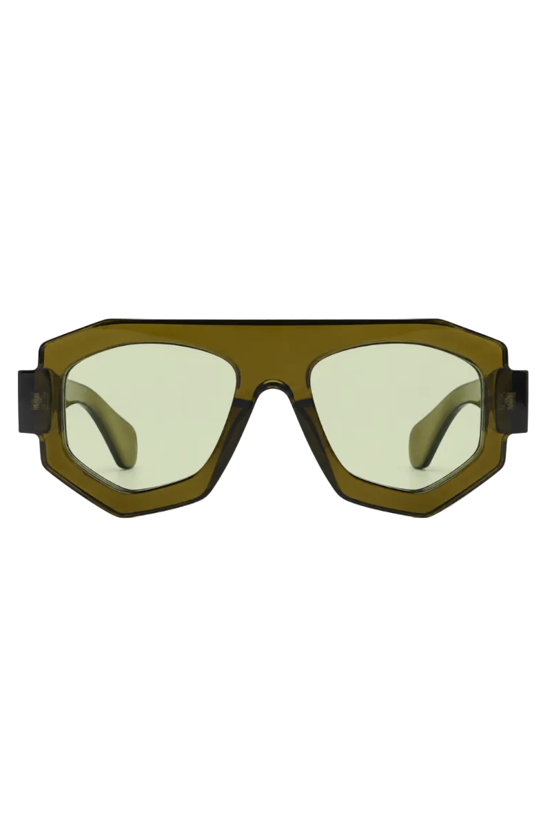 Sunglasses with a green frame and clear lenses on a white background
