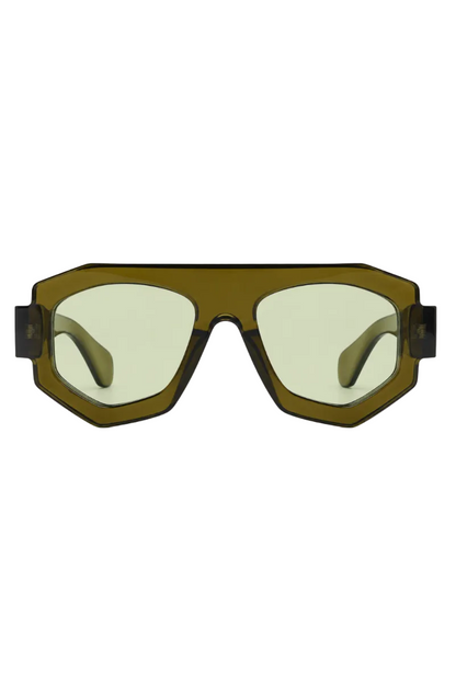 Sunglasses with a green frame and clear lenses on a white background