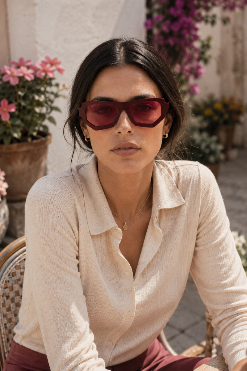 A woman wearing oversized dark red sunglasses and a cream ribbed knit polo shirt, seated in a wicker chair in an outdoor patio setting with potted flowers.