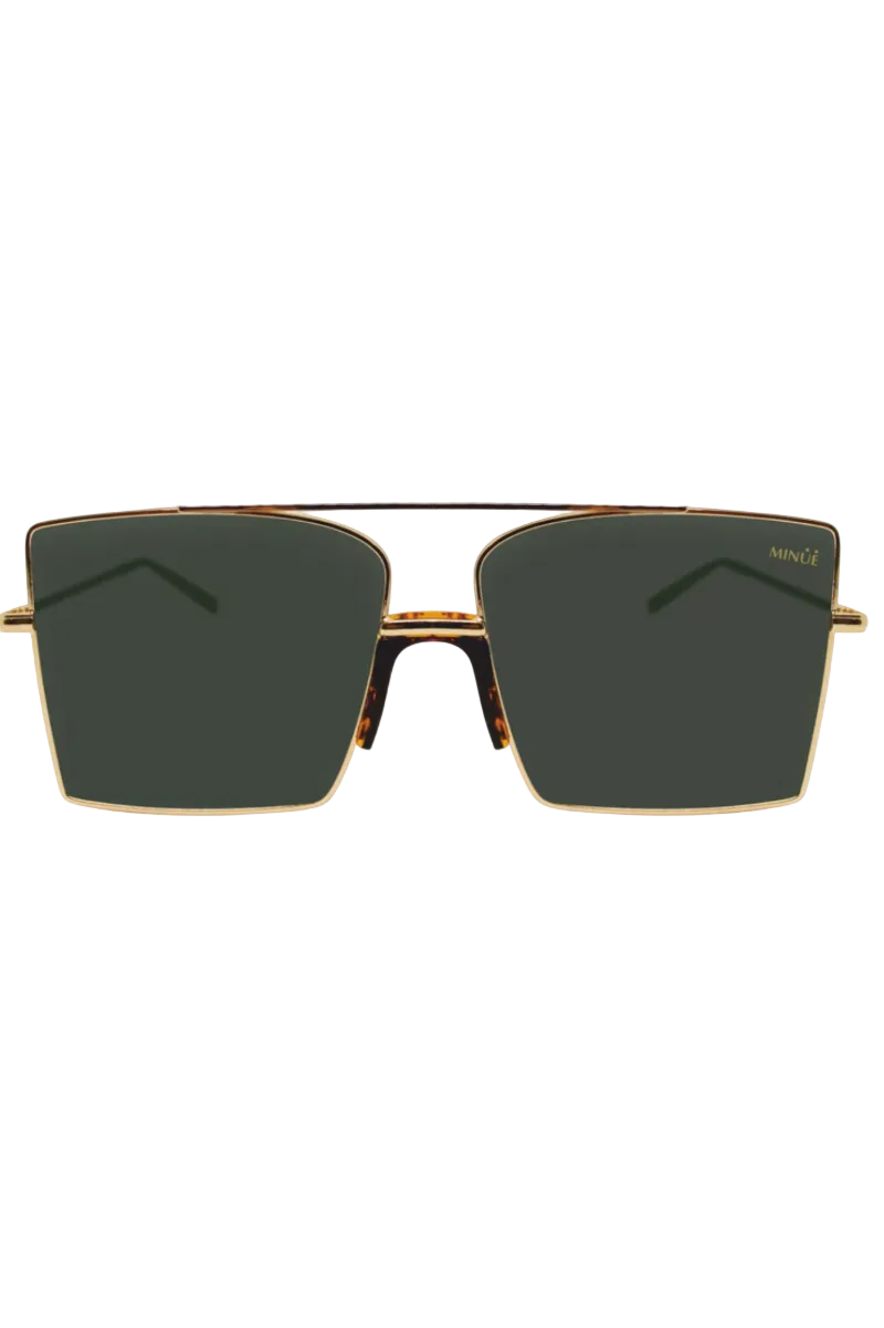 A pair of square aviator-style sunglasses with a gold metal frame, tortoiseshell nose bridge and temples, and dark green lenses. The brand name 'MINUE' is printed on the upper corner of the right lens.