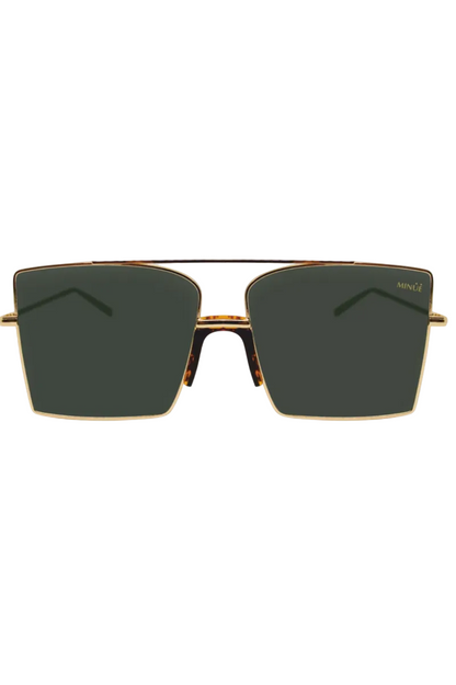 A pair of square aviator-style sunglasses with a gold metal frame, tortoiseshell nose bridge and temples, and dark green lenses. The brand name 'MINUE' is printed on the upper corner of the right lens.