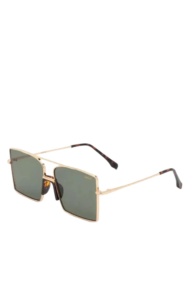 Square metal-framed sunglasses with dark green lenses and tortoiseshell temple tips, shown on a plain white background.