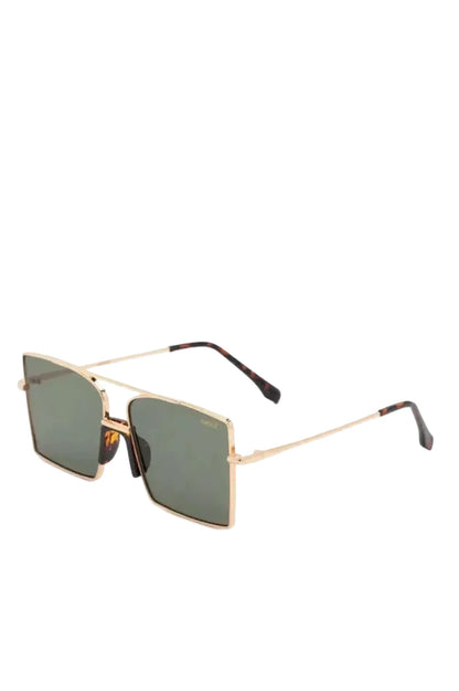 Square metal-framed sunglasses with dark green lenses and tortoiseshell temple tips, shown on a plain white background.