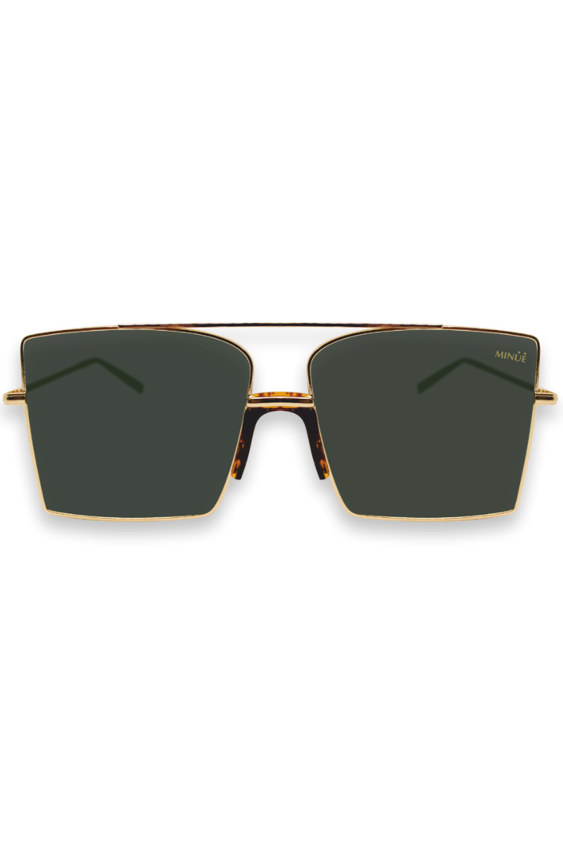 A pair of square aviator-style sunglasses with dark green lenses, a gold metal frame, and tortoiseshell temples, shown against a plain white background.