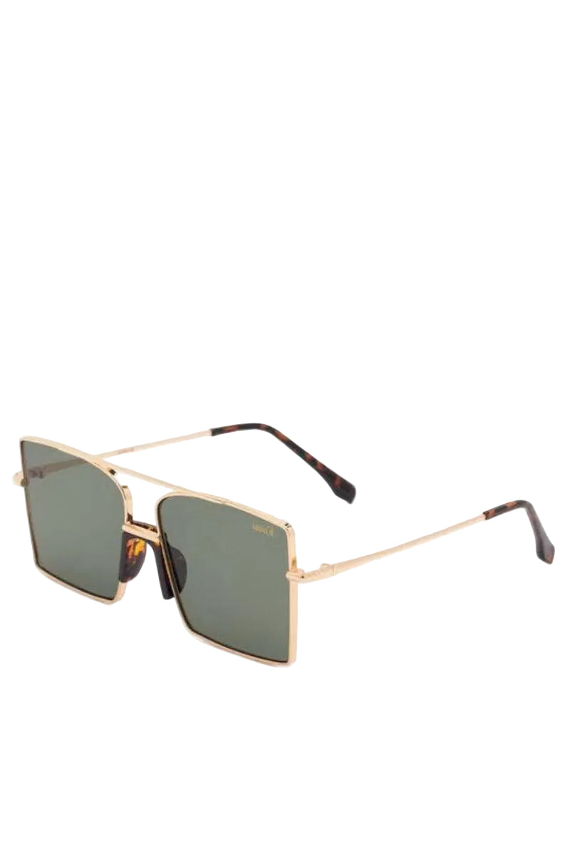 Square metal-framed sunglasses with dark green lenses and tortoiseshell temple tips, shown on a plain white background.