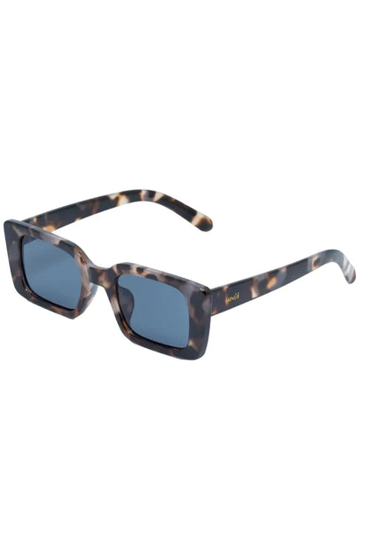 Sunglasses with tortoiseshell frame and blue lenses on a white background