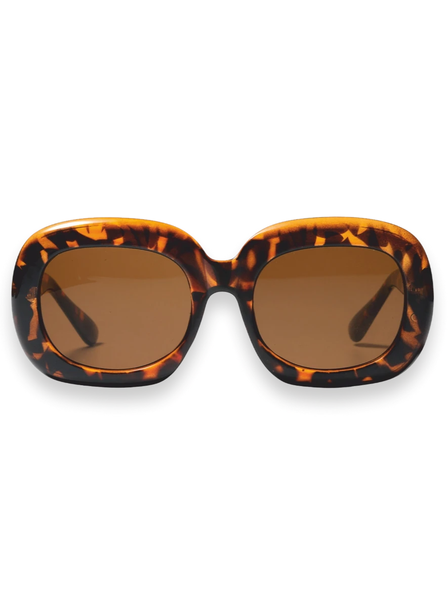 Oversized square sunglasses with a bold tortoiseshell patterned frame and warm brown lenses, shown against a plain white background.