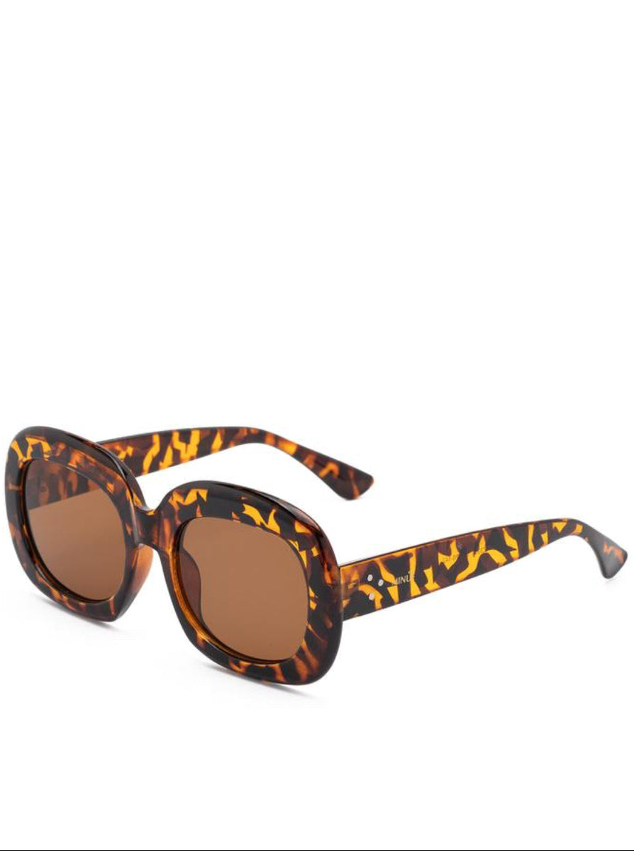 Sunglasses with tortoiseshell frame and brown lenses on a white background